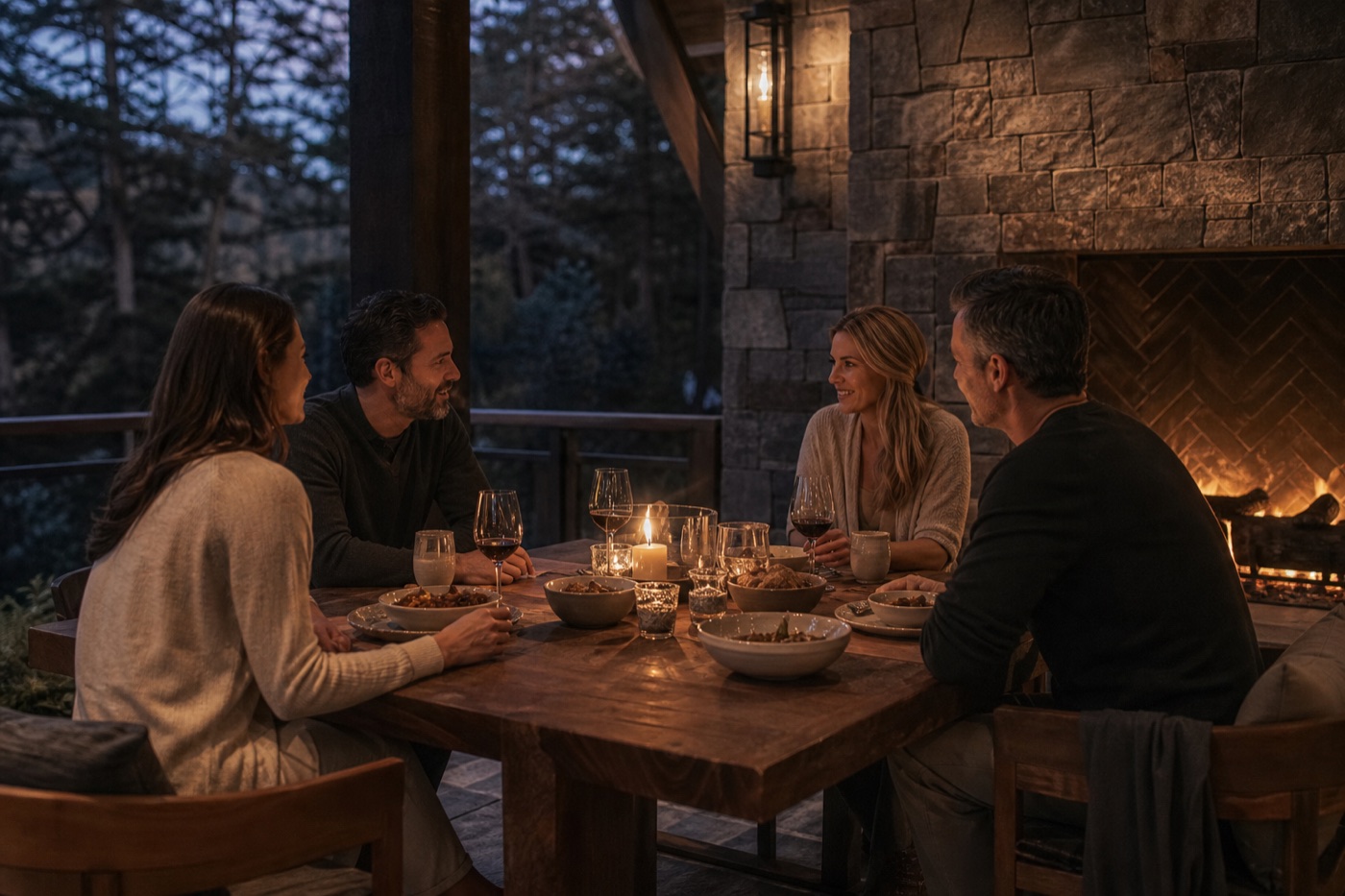 Friends sharing an intimate outdoor dinner beside a stone fireplace
