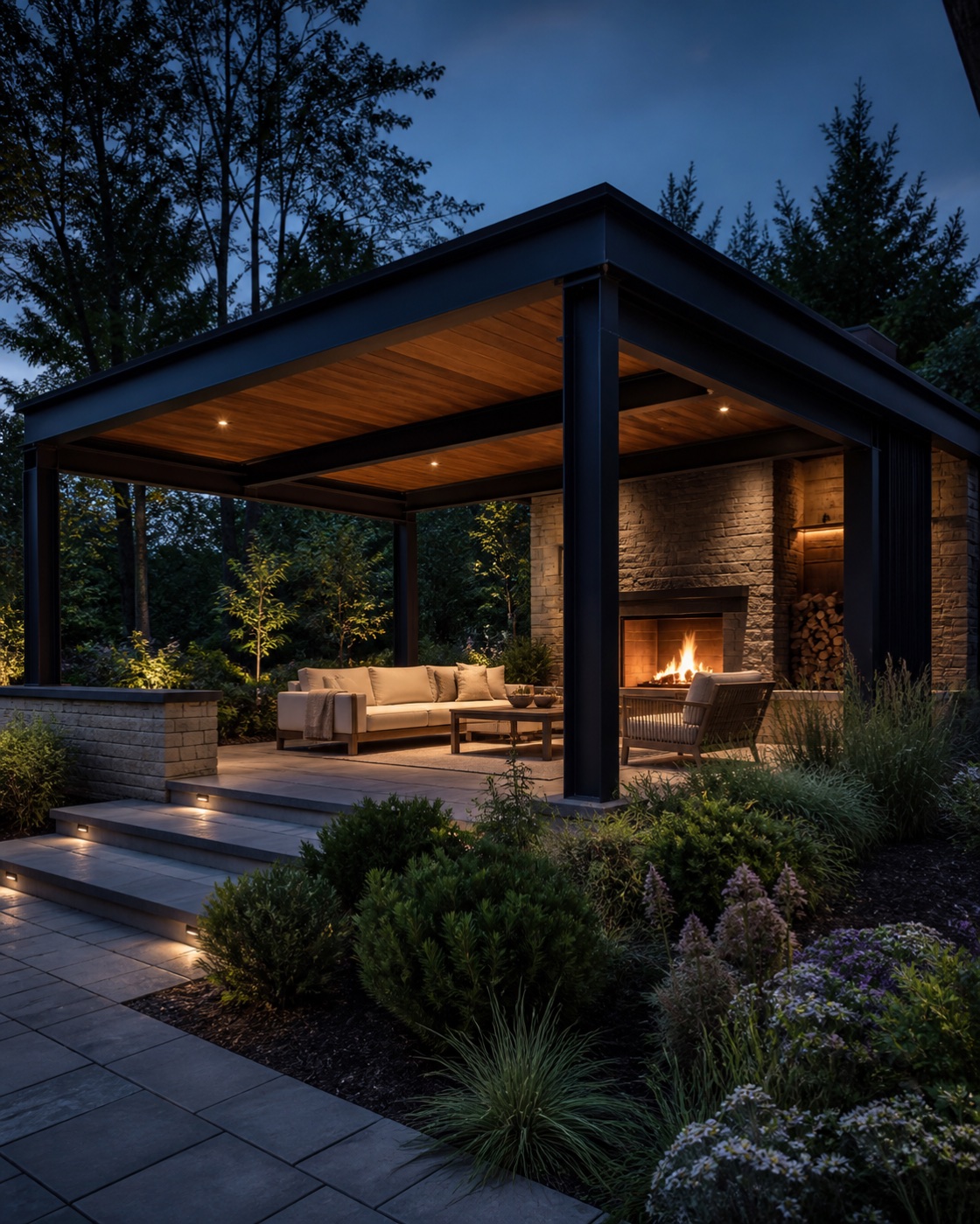 Modern outdoor pavilion with a cedar ceiling and stone fireplace at dusk