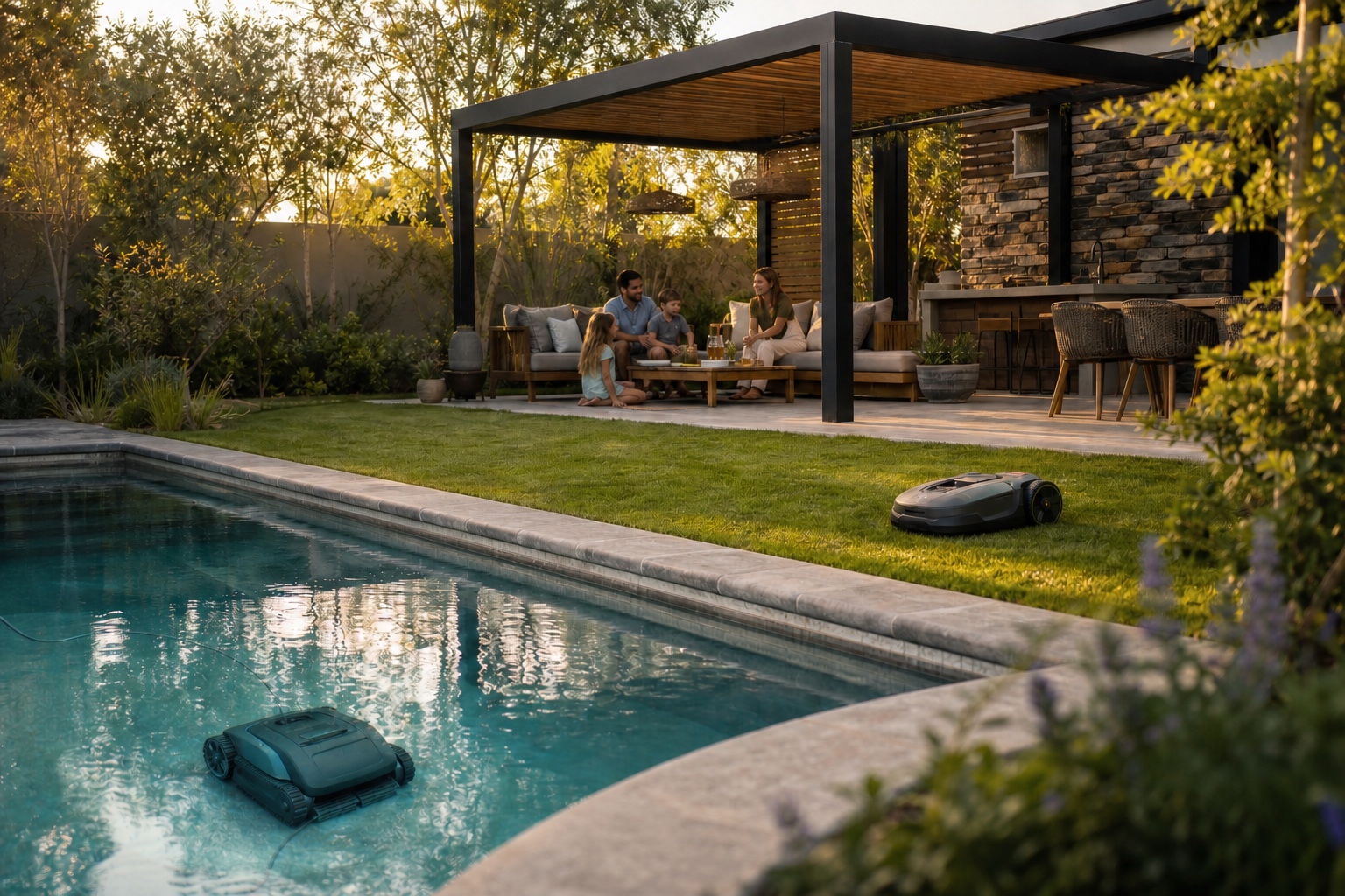 A family relaxing together while a robotic mower and robotic pool cleaner handle routine outdoor maintenance